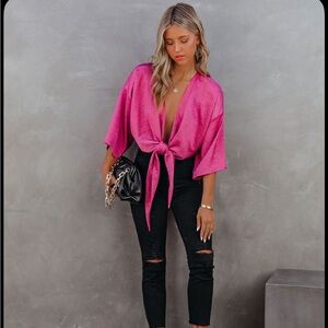 Vici Dolls Lisandro Hot Pink tie front kimono crop Top